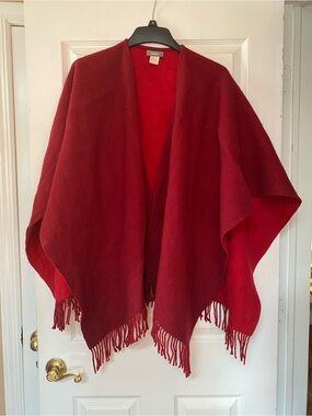 Neiman Marcus Red Burgundy Merino Wool Poncho Shawl Wrap